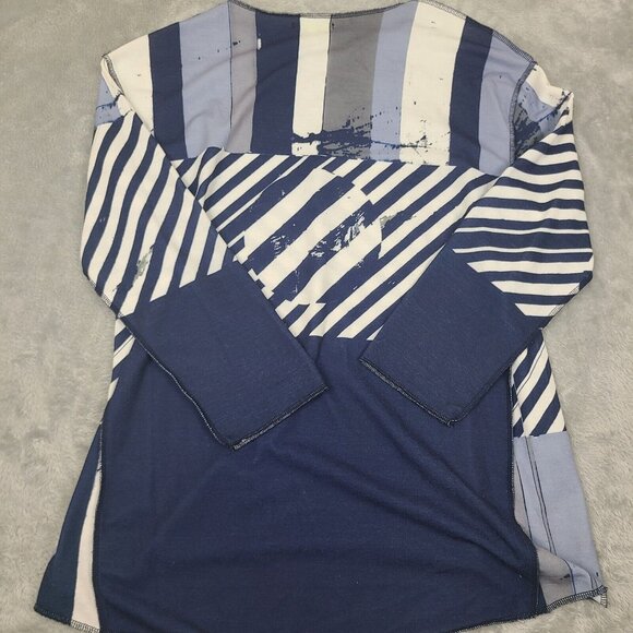 Trisha Tyler Abstract Blue‎ White Art to Wear Casual Boho Blouse Petite Medium - Picture 4 of 6
